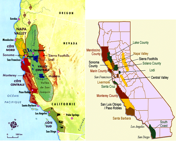 carte des régions viticoles en Californie 